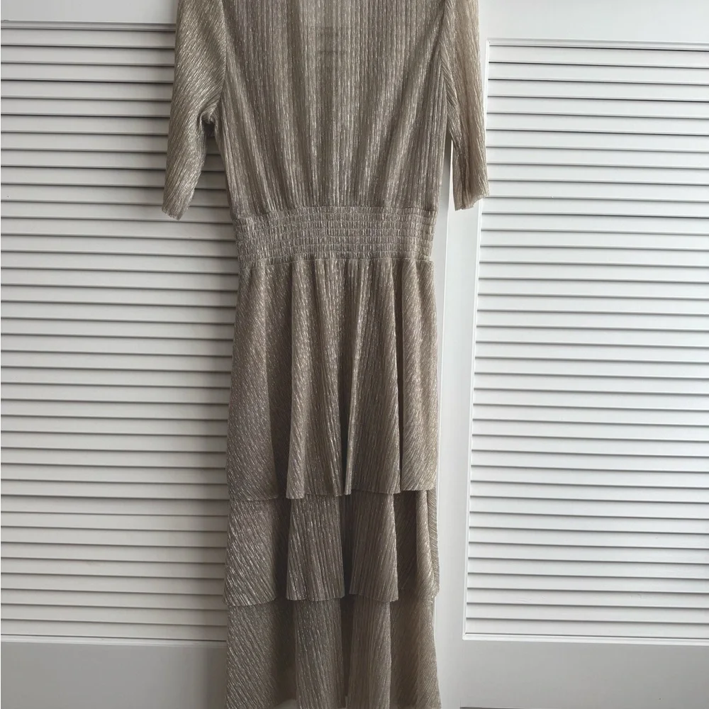 Maje Gold Metallic Sheath Dress 3/4 Sleeve V Neck - Picture 3 of 4